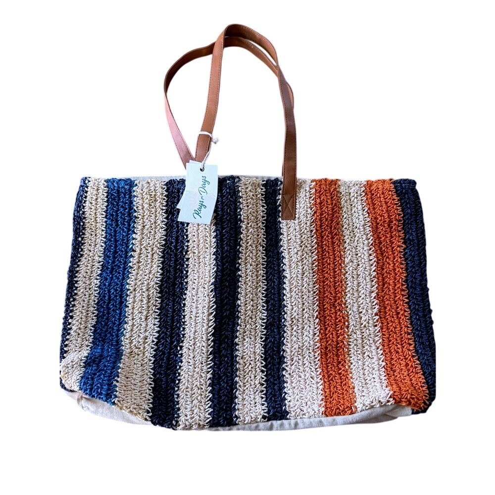 Rays‎ for Days Striped Woven Cotton Blend Tote Bag NWT Beach Bag Navy & orange